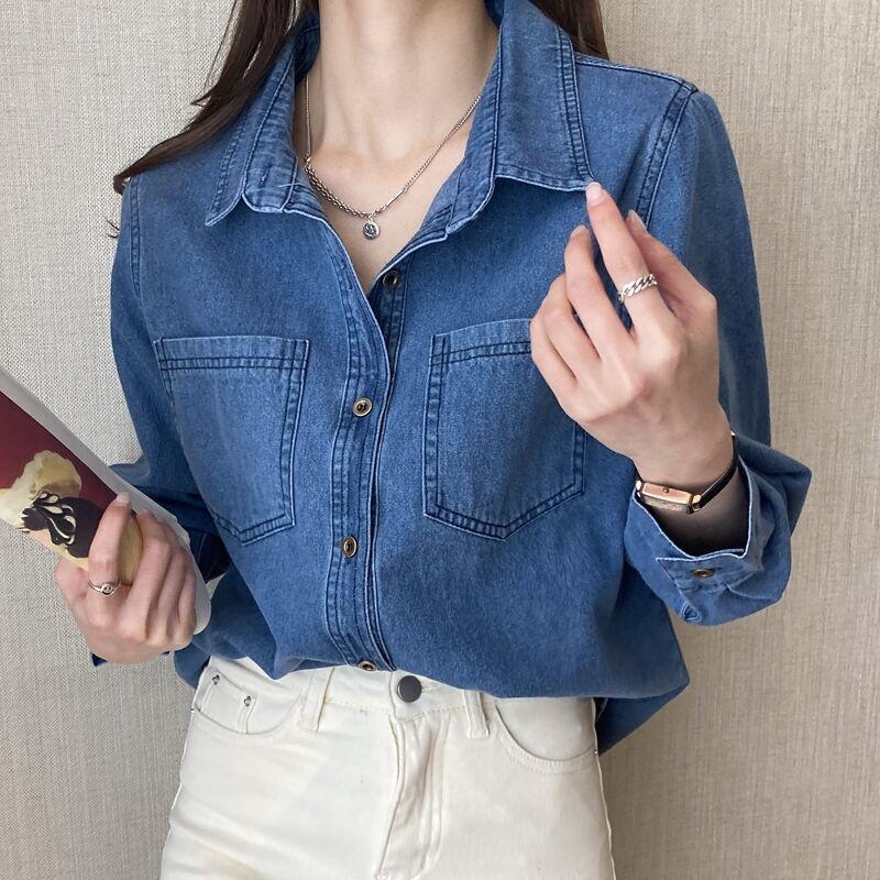 Retro Navy Denim Shirt For Women With Long Sleeves And Pockets For Casual Office Wear