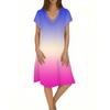 Ladies Casual Fashion V-neck Short Sleeve Gradient Print Mid-length Flowing Dress