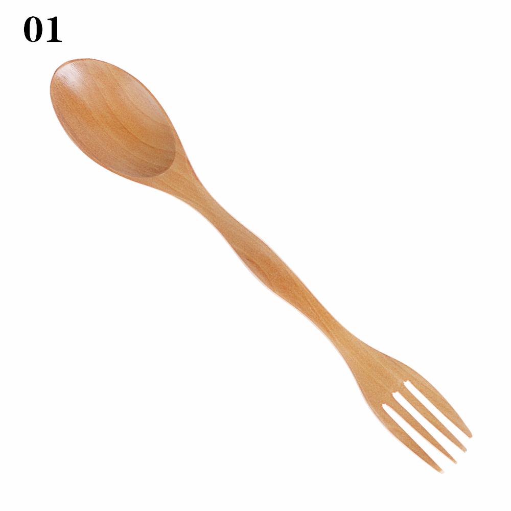 1PC 2 in1 Natural Wood Cutlery Dual Head Soup Spoon Fork Dinner Tableware Set Kitchen Accessories Coffee Tea Spoons Salad Fork