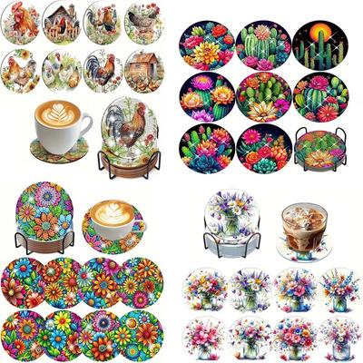 Set da 8 pezzi/set di sottobicchieri ricamati con fiori a sfera e diamanti dipinti con supporto, sottobicchiere fai da te per principianti e adulti, forniture per arte e artigianato regalo