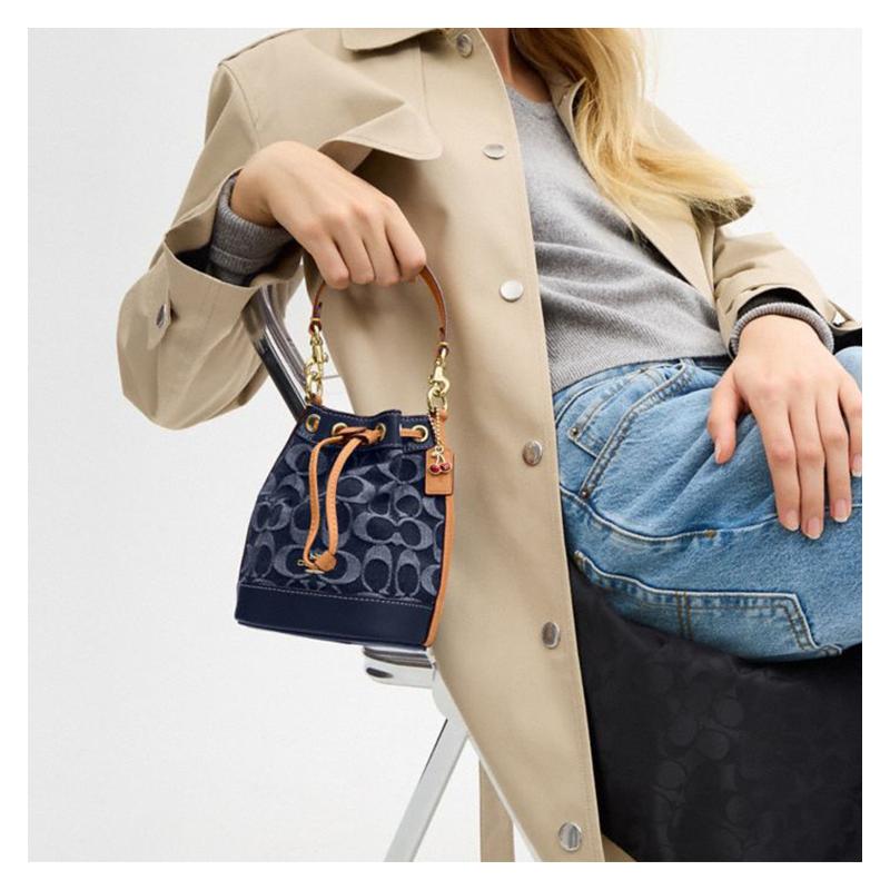 COACH Signature 14 Classic Signature Removable Shoulder Strap Fabric and Leather Bucket Bag Shoulder Crossbody Handbag Mini Women's Denim Blue