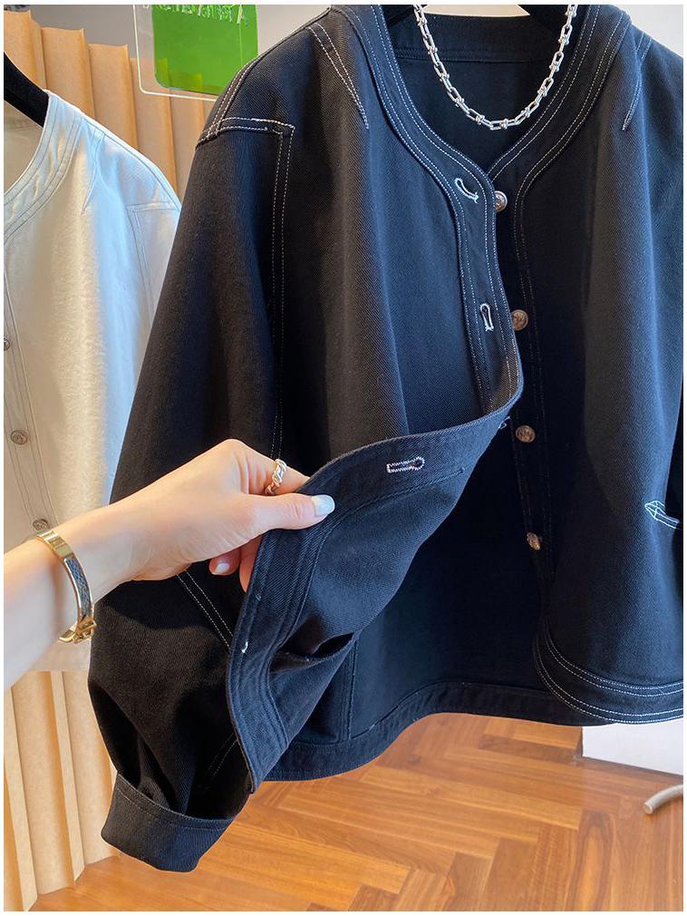 Biała Szeroka Jeansowa Kurtka Damska Sense - Luźna, Bez Kołnierza, Zakrzywiony Detal na Wiosnę i Jesień 2025