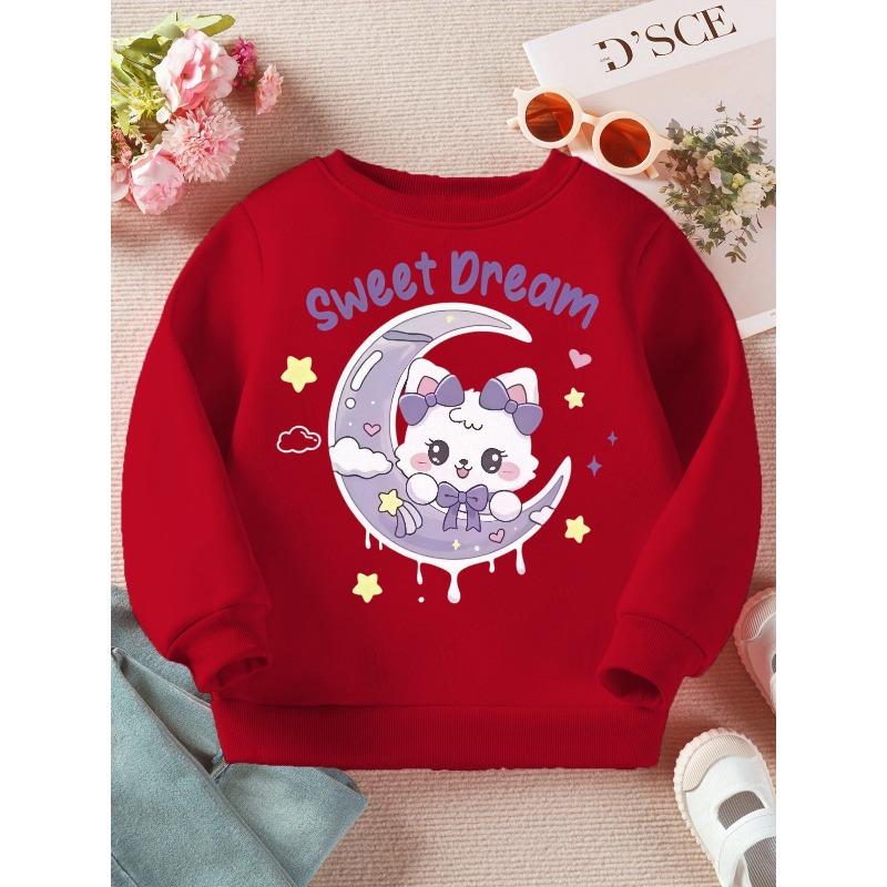 Girls' Round Neck Sweatshirt for Spring/Autumn, Cute Cartoon White Cat Sitting on The Moon with Purple Bow
