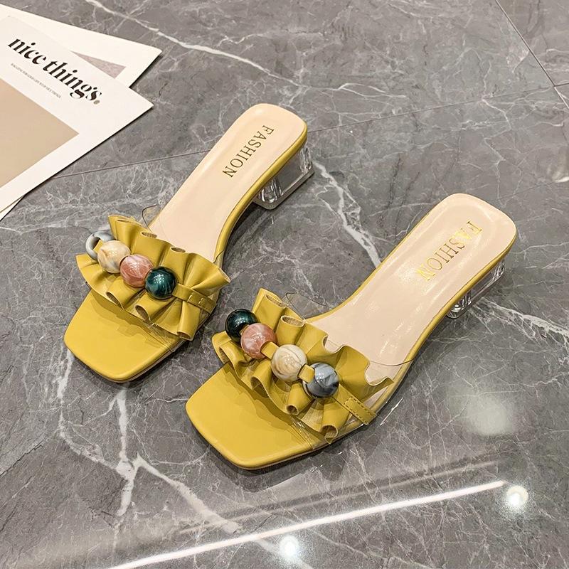 French crystal thick-heeled one-word slippers for women's outerwear 2025 summer new fashionable versatile small fresh high-heeled sandals