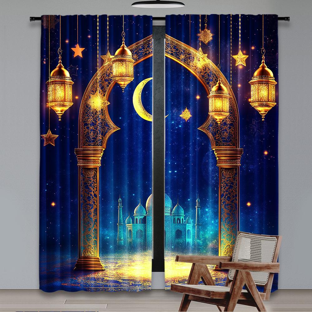2Pcs Curtain Islamic Traditional Lanterns Backdrop Golden Dome Profile Moon Stars Decor For Living Room Bedroom