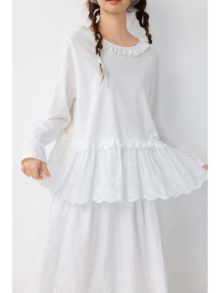 Spring Japanese Literary Lace Collar Knit T-shirt: Loose Embroidered Pure Cotton Layered Top for Women