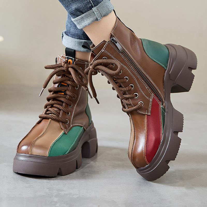 Fashion GKTINOO Retro Style Women Thick Soled Genuine Leather Mid-Calf Boots 2024 Autumn Winter Warm Platform Booties Zip Women's Shoes