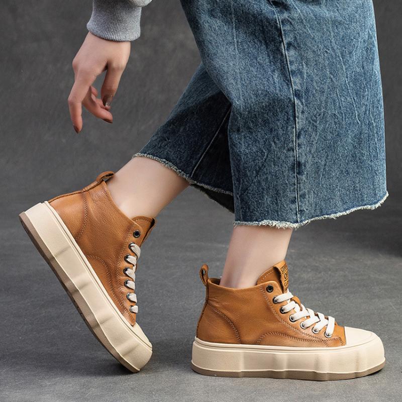 Johnature Genuine Leather Women's Flat Shoes Leisure Versatile Cowhide Round Toe Thick Soled Shoes