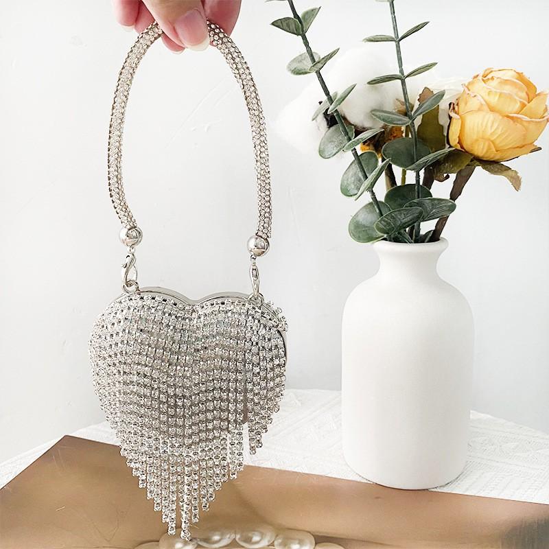Mini Heart-Shaped Chain Purse With Rhinestone Embellishment - Hard Box Clutch Evening Daily Wear