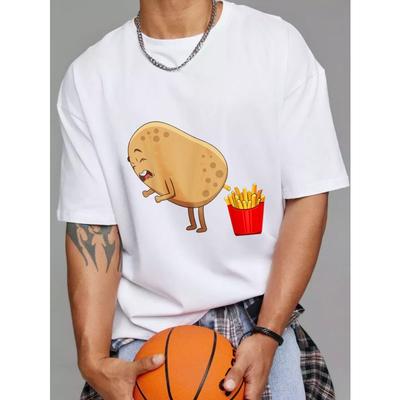Crew Neck T Shirt White Potato With French Fries Print Casual Wear For Men And Women Daily Outfits Streetwear Fashion Summer Clothes