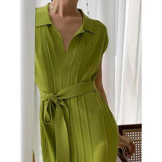 

2023 Женское летнее белое трикотажное платье-поло во французском стиле Хепберн, Нишевый дизайн высокого класса Large зелёный