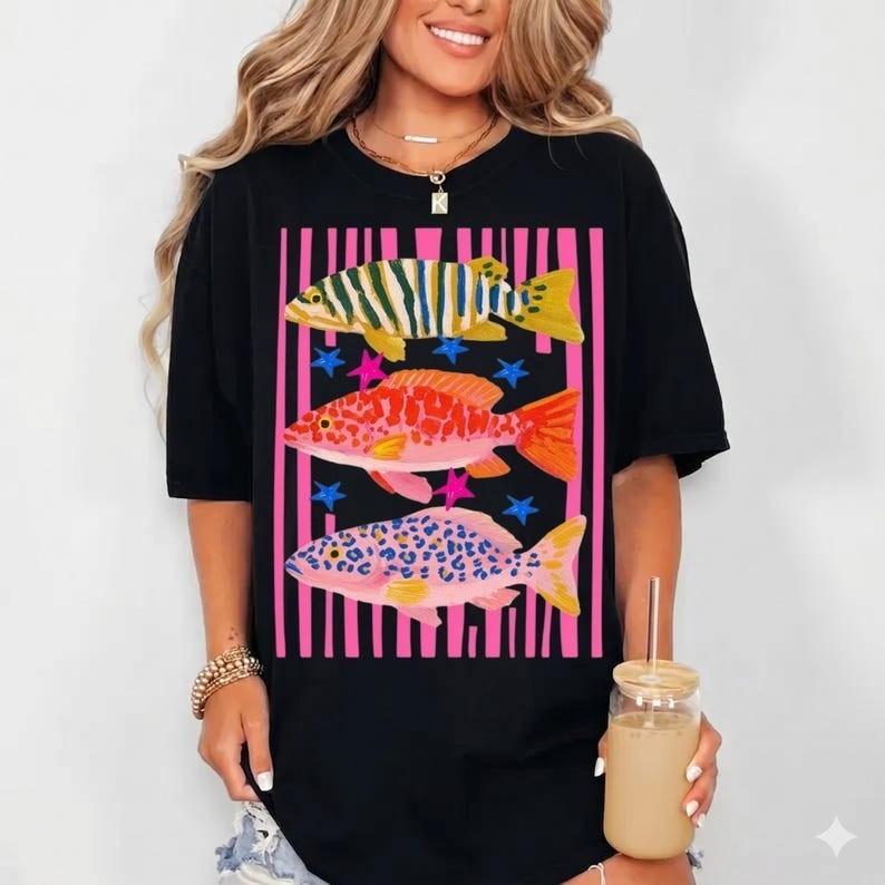 Colorful Tropical Fish American Flag Summer Beach Graphic T Shirt