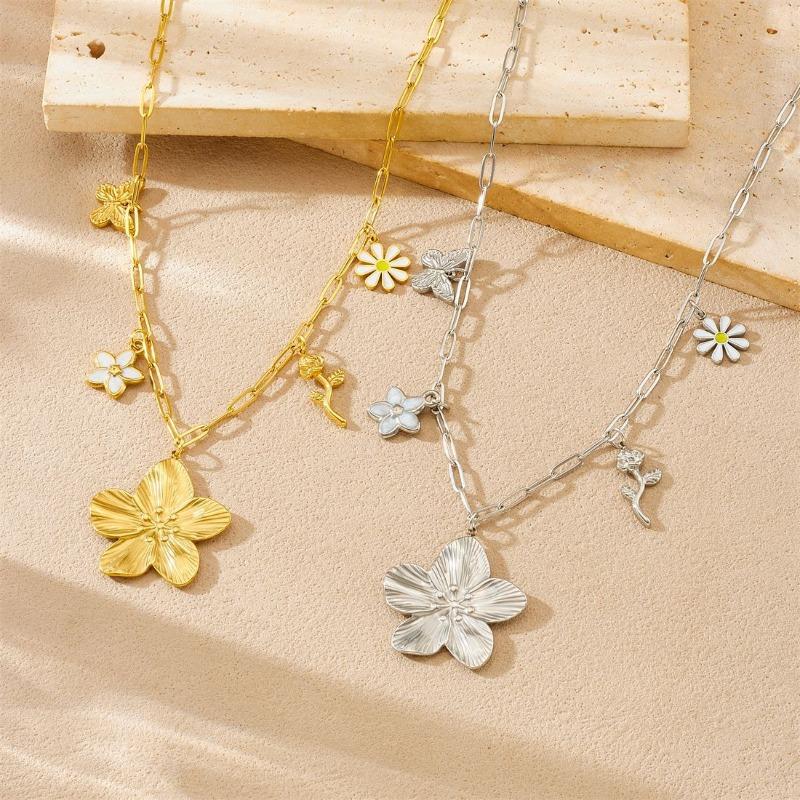Gold Paperclip Chain Necklace with Flower and Butterfly Charms
