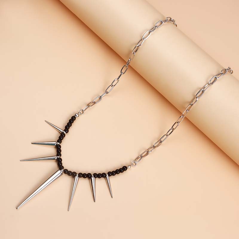 Punk Black Beads Rivet Choker Necklaces for Men Women Exaggerated Silver Color Metal Long Spike Tassel Necklaces Y2K Jewelry