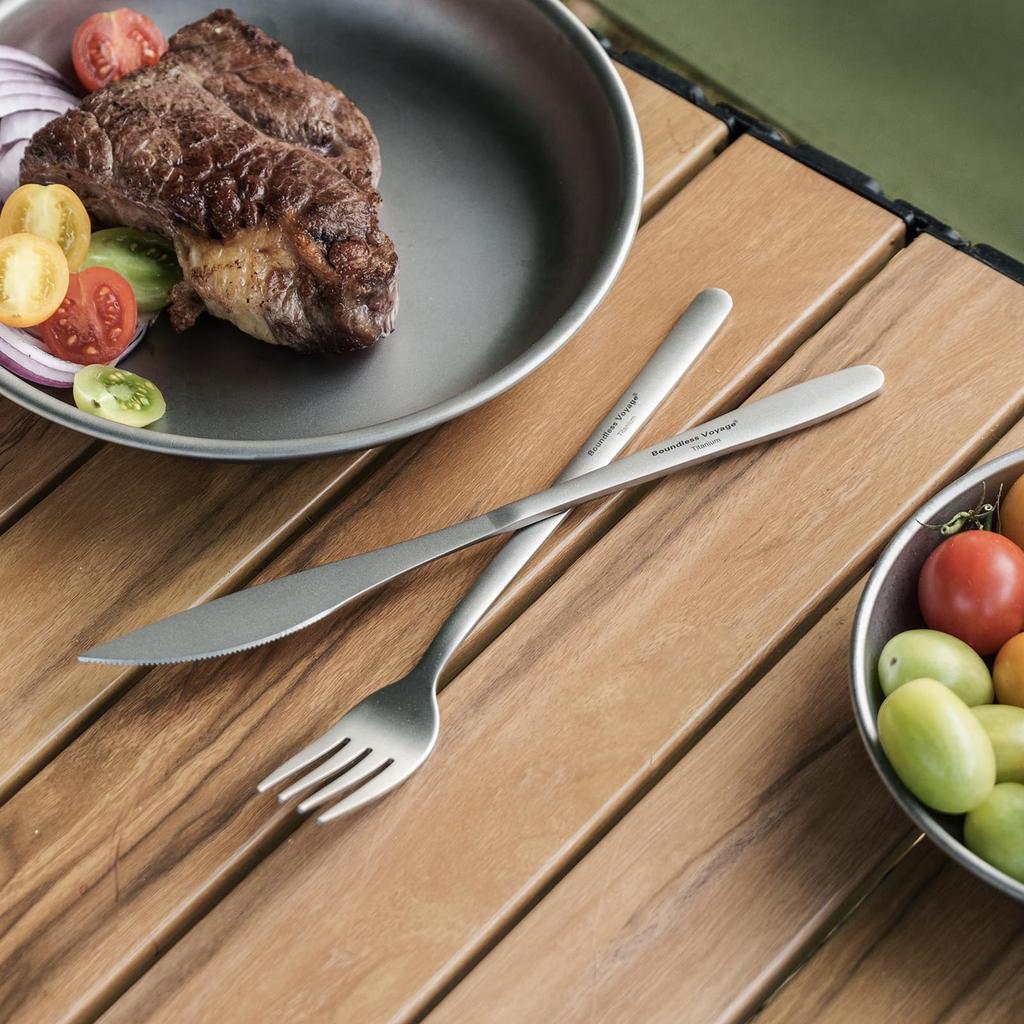 Boundless Voyage Titanium Camping Cutlery Set Solo Camping Set with Storage Bag (Ti1055T) - Spoon, Fork, Knife, Lightweight, Durable, Compact,