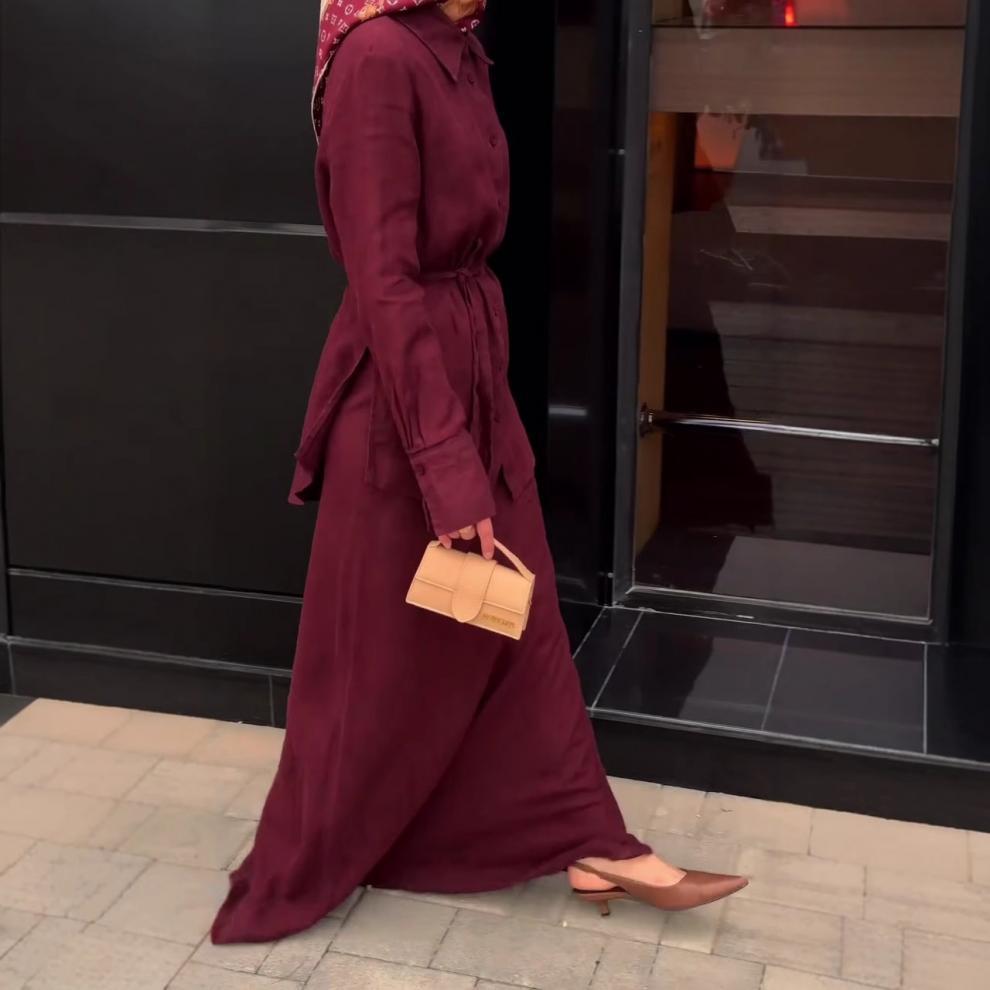2025 Autumn Elegant Purple Long Sleeve Tie-up Dress