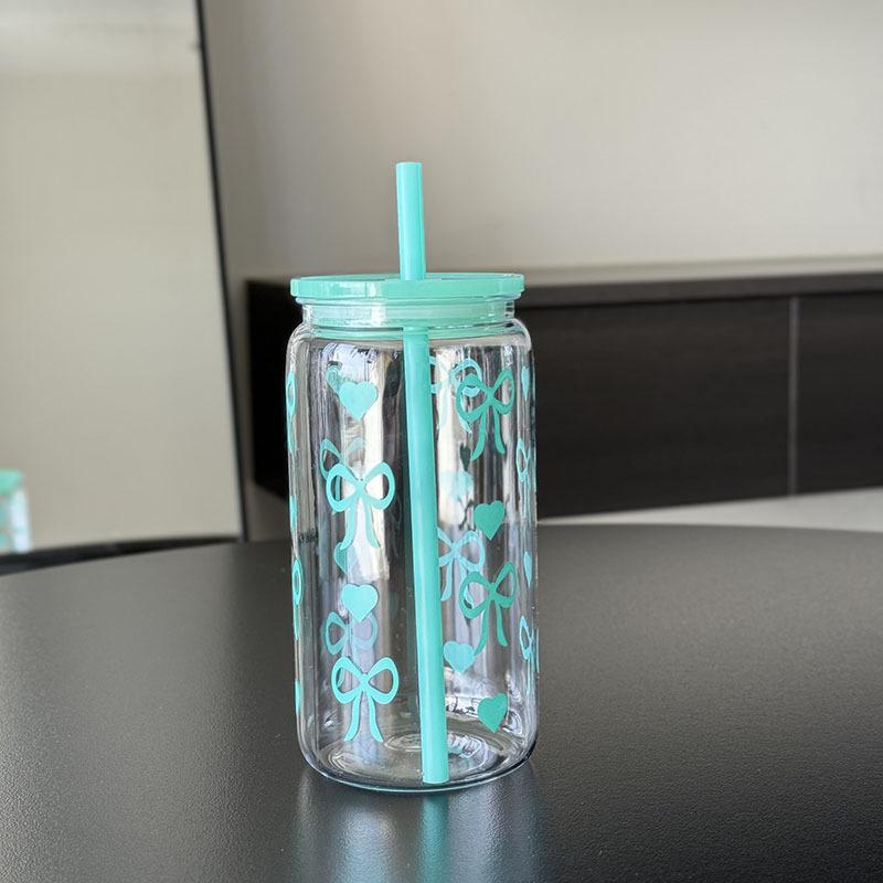 Kawaii Water Bottle Aesthetic Tumbler For Ice Coffee Juice Tea Cute Bowknot Plastic Cups With Straw Lid Portable Drinking Bottle