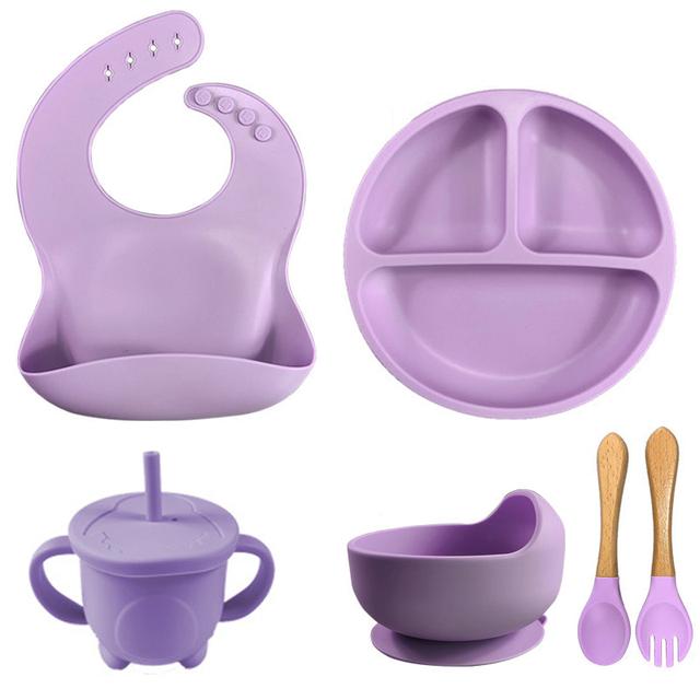 6PCS Baby Plates Children's Feeding Soft Silicone Bowl Plate Cup Bibs Spoon Fork Set Non-Slip Cartoon Dishes For Kids BPA Free