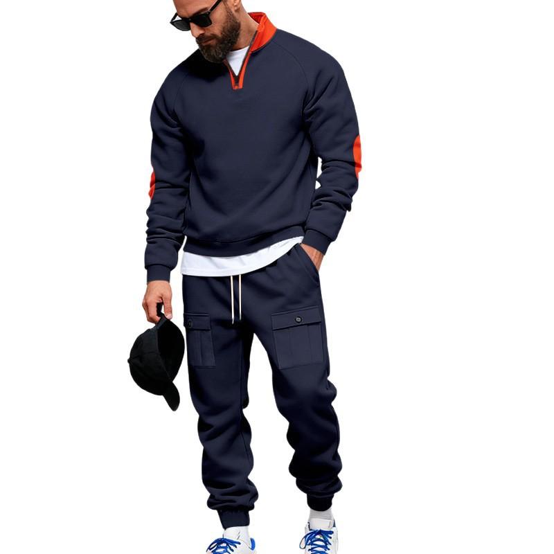 Fashionable Winter New Men's Velvet Loose Stand-up Collar Casual Versatile Solid Color Sweatshirt Overalls Sweatpants Suit