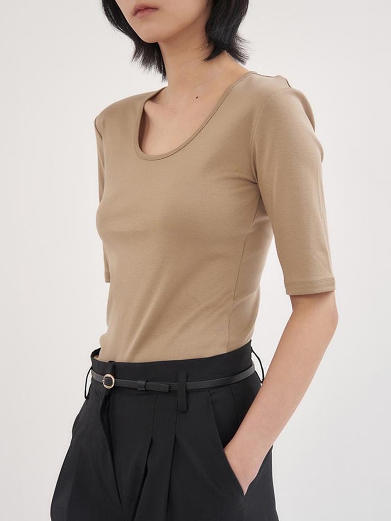 YJACK W_Rib Slim Fit U-Neck Half Sleeve T-Shirt Lrt2039