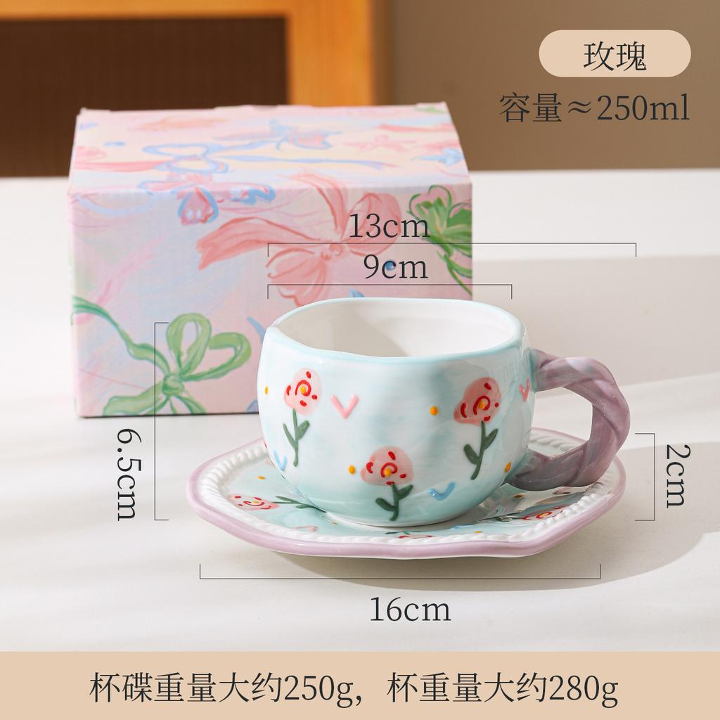 Hand Painted Relief Flower Bow Ceramic Coffee Cup Saucer Creative Hand Twist Handle Afternoon Tea Cup Saucer
