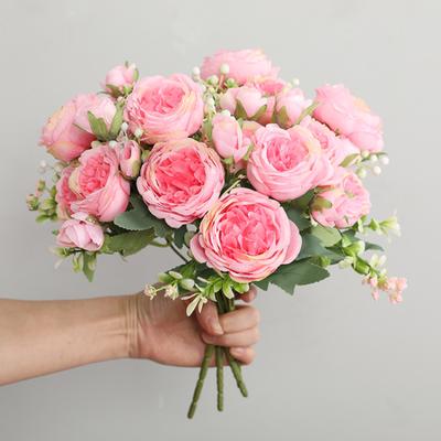 1pcs 32cm Rose Pink Bouquet Peony Artificial Flower 5 Big Head 4 Small Bud Bride Wedding Home Decoration Artifi
