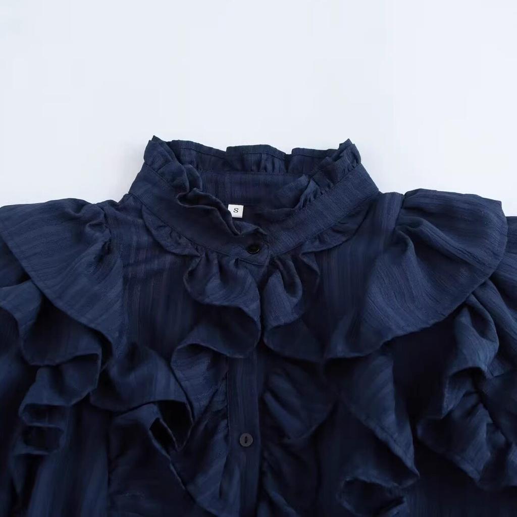 European and American Style, New Women's Clothing, Fashionable and Versatile Temperament, Textured Ruffle Edge Horn Sleeve Shirt