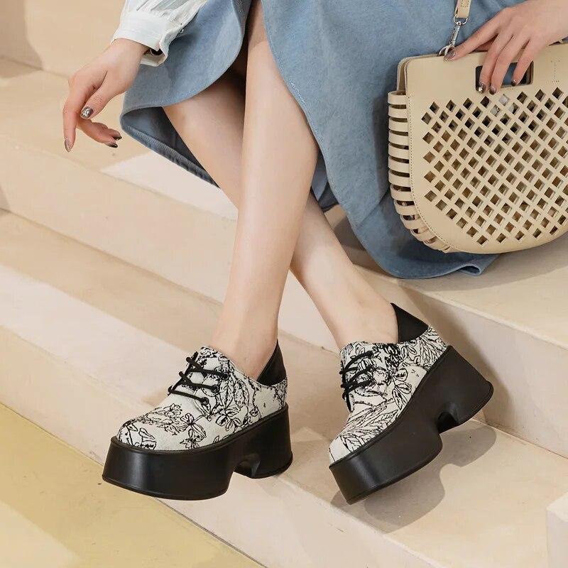 Fujin 11cm Denim Print Cloth Platform Wedge Shoes Chunky Sneaker Comfy High Brand Spring Autumn Casual Synthetic Leather Shoes