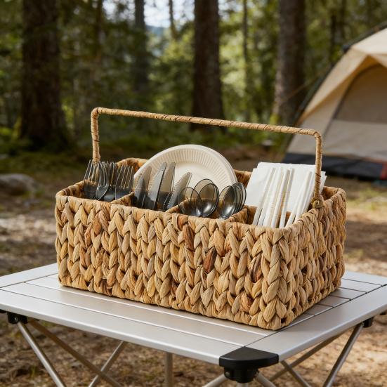 Кошик для столових приборів з 5 відділеннями Ручний плетений кошик для зберігання з ручкою Сільський органайзер для столових приборів для пікніка, барбекю, кухонної стільниці