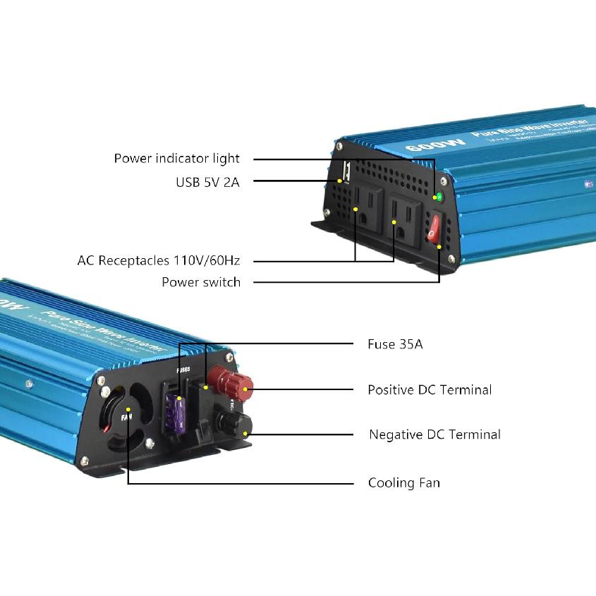 DC 12V to AC120V Pure Sine Wave Power Inverter 600W with Dual sockets Output and DC 5V 2Amp USB Output. Ideal for Most Small Power appliances. (600W)