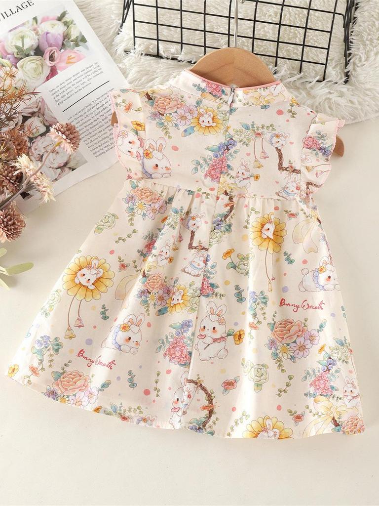 Sommer Baby Mädchen Cartoon Hase & Sonnenblume Cheongsam Kleid mit Flatterärmeln