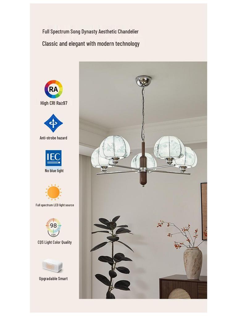 Song Dynasty-Style Chandelier: Retro Nanyang Design with Fabric and Walnut Wood for Living Room, Bedroom, or Dining Room