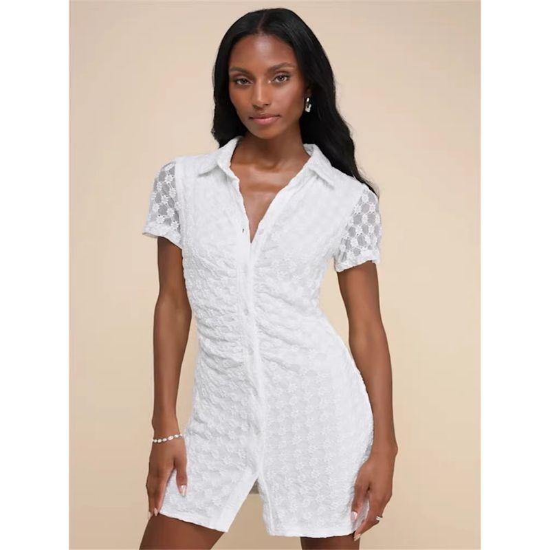 

Export Single Lu s Elegant Elegant and Personalized Lace Simple All-Matching Short-Sleeved Lapel Summer New Arrival Shirt Dress White L