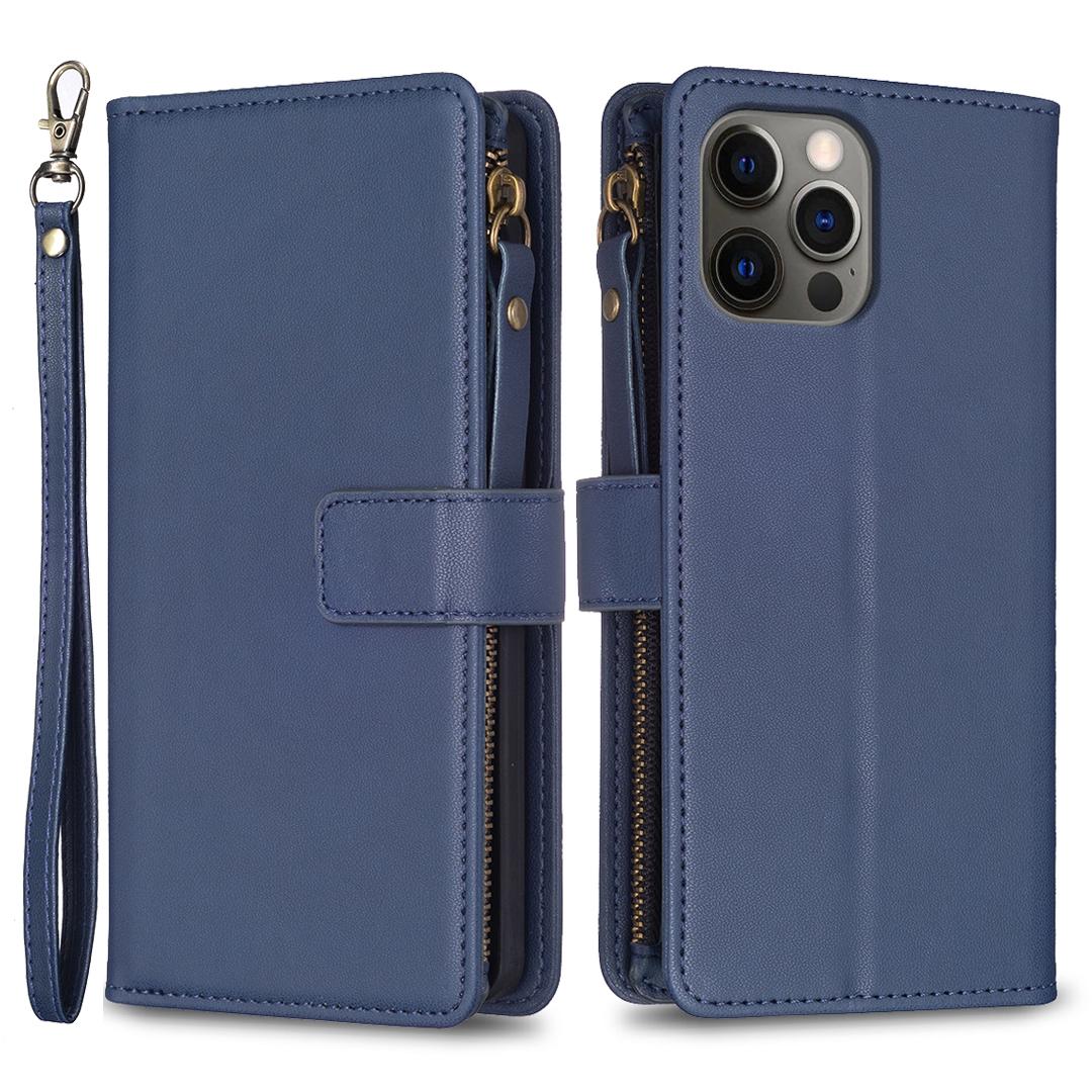 

BF Style-19 for iPhone 12/12 Pro Anti-scratch Leather Case Zipper Pocket Stand Phone Wallet Cover Blue