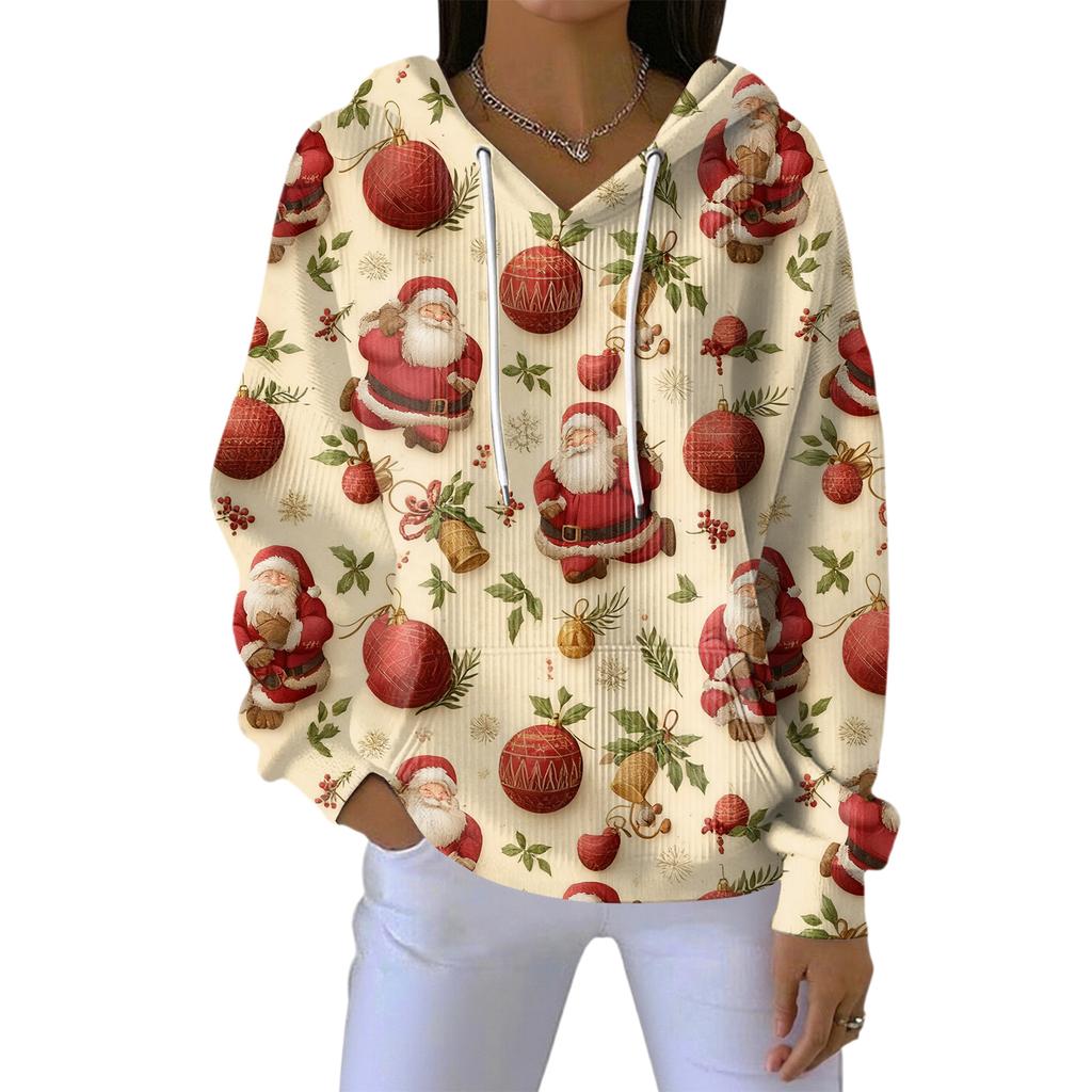 Women's Loose Comfortable Casual Fashion V-Neck Christmas Print Long Sleeve Hoodie