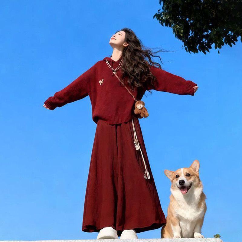 

Red High-Waisted Skirt & Hooded Knit Sweater Two-Piece Set Extra Large