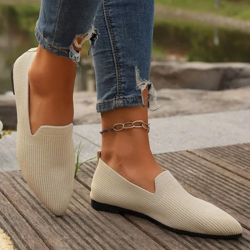 Women Solid Color Pointed Head Mesh Loafers Shallow Woman Flats Soft Bottom Knit Ballet Flats Shoes Casual Slip On Boat Shoes