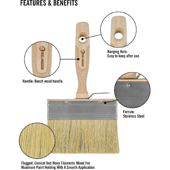 ROLLINGDOG Deck Stain Brush Set - Limewash Brush Wood Handle Large Deck Brush Applicator for Wall, Wood, Fence, Floor Painting(70mm 120mm 150mm)