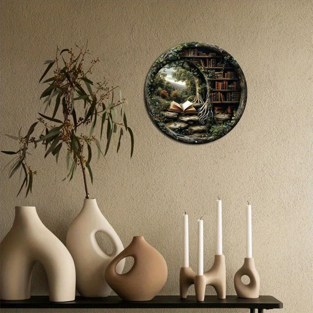 Płaski Druk Biblioteka i Książki Tematyczny Okrągły Drewniany Znak, do Salonu w Mieszkaniu, na Ścianę, Dekoracja Domu, Prezenty dla Rodziny i Przyjaciół, 2D
