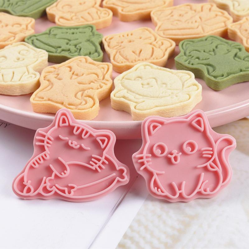 8Pcs Cat Cookie Mold Set Cartoon Cat Claw Fish Bone Shape Cookie Stamp Fondant Cake Decoration Tools 3D Hand Pressure Plastic