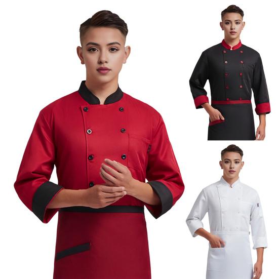 Unisex-Kochuniform mit Brusttasche, Stehkragen, langärmelig, zweireihig, Kochhemd
