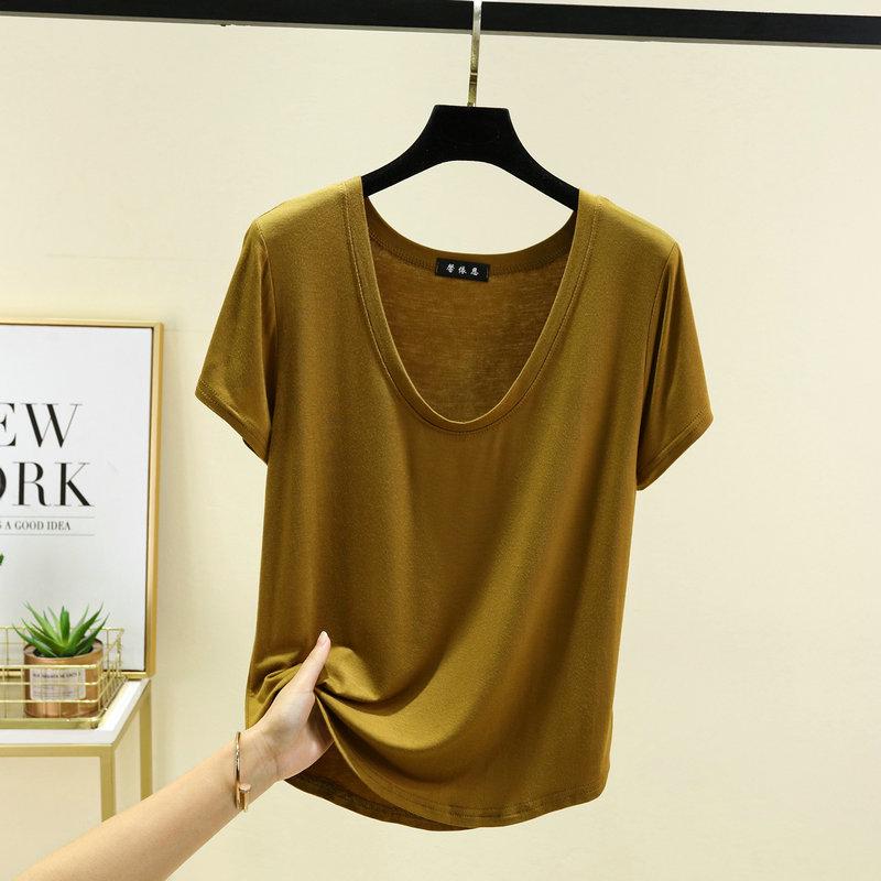 Dámský modální top s U výstřihem a polovičním rukávem - Jednobarevný, nadměrná velikost, letní tričko