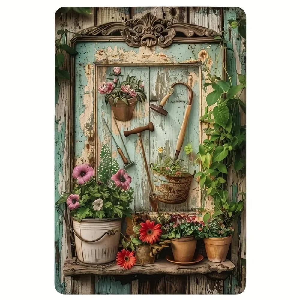 Vintage Floral Metal Tin Sign, Rust - Proof & Waterproof Iron Wall Art, Rustic Garden Scene with Gardening Tools