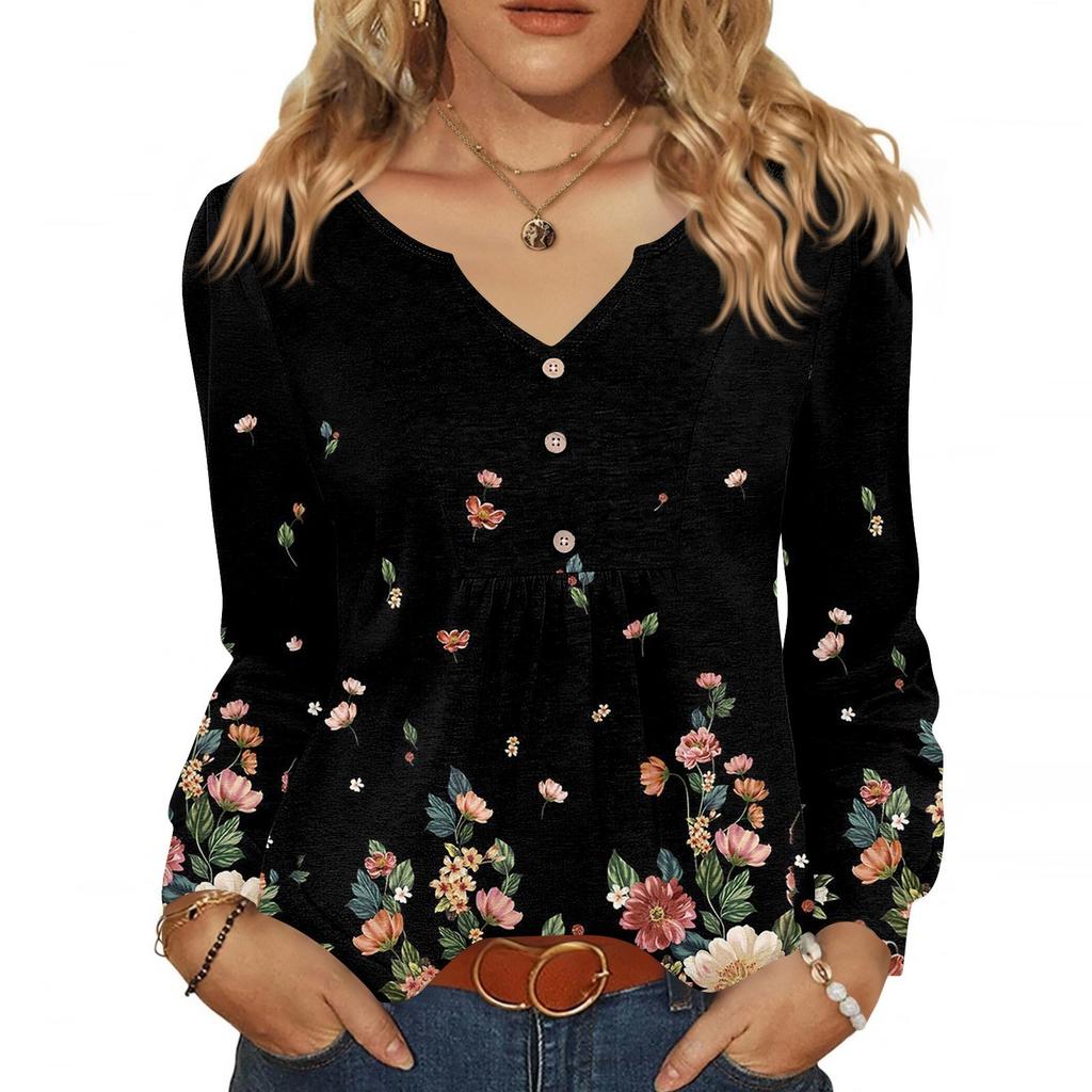 Women's Fashionable Casual V-neck Blouse Button Long-sleeved Pullover T-shirt Top