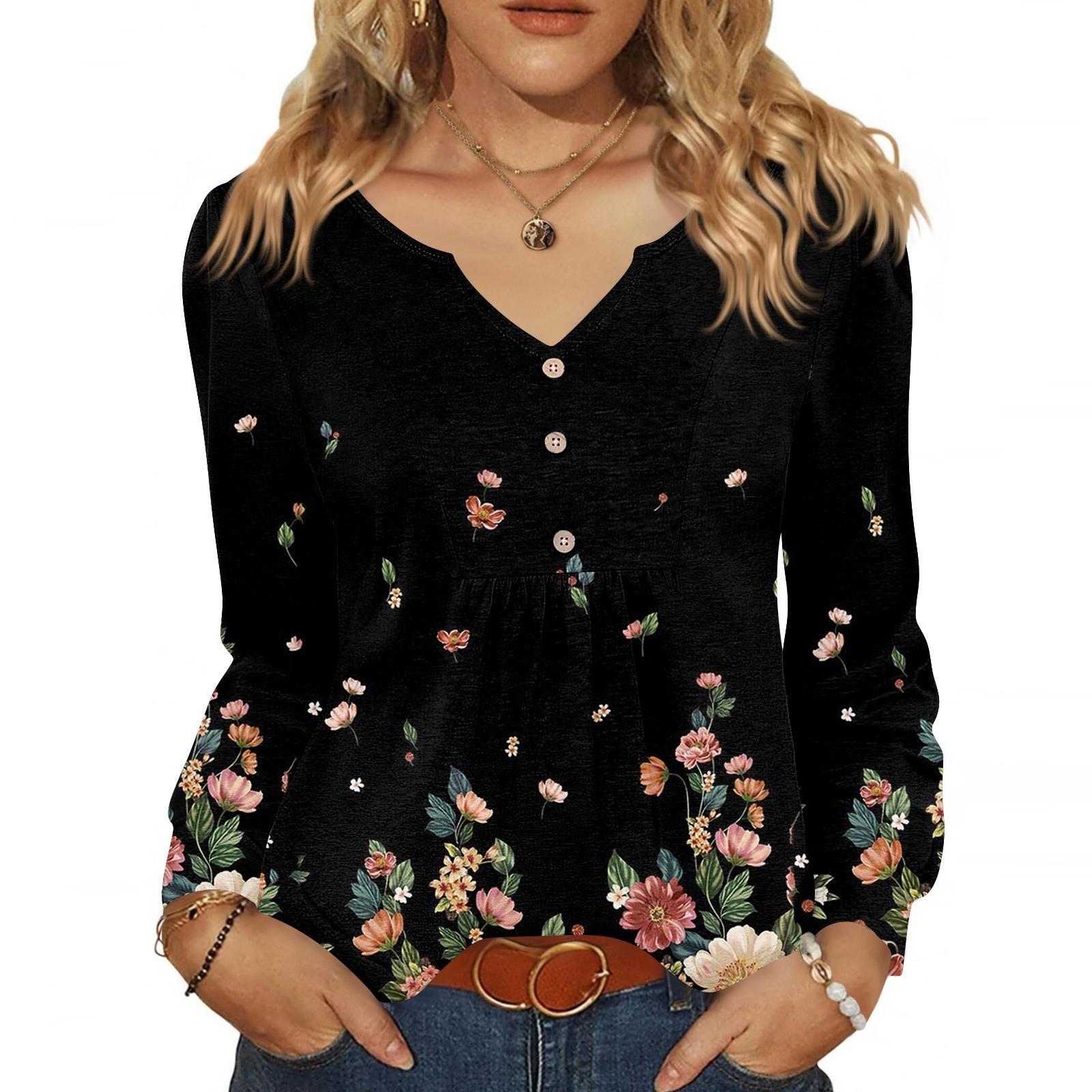 

Женская модная повседневная блузка с V-образным вырезом на пуговицах, с длинным рукавом, пуловер, футболка, топ XL