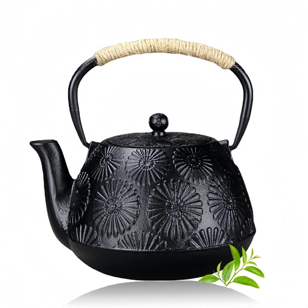 OULOVECO Sun Flower Pattern Iron Teapot, Handmade Cast Iron Kettle, Large Capacity, Induction Compatible, Direct Heat, Healthy Teapot, Tea Maker, Tea