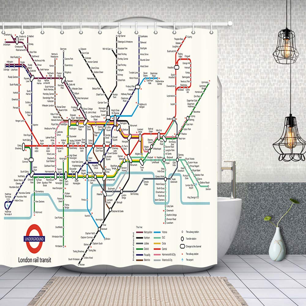 

Map Decor City Subway of London Rail Transit Polyester Fabric Waterproof Map Bath Curtain Shower Curtain Sets with 12 Hooks 90X180cm