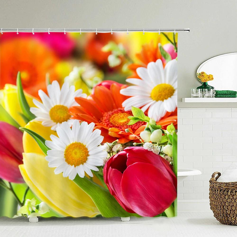 Tulip Rose Fresh Flowers Shower Curtains Waterproof Polyester Fabric 3D Printed Bathroom Screen Home Decoration Shower Curtain