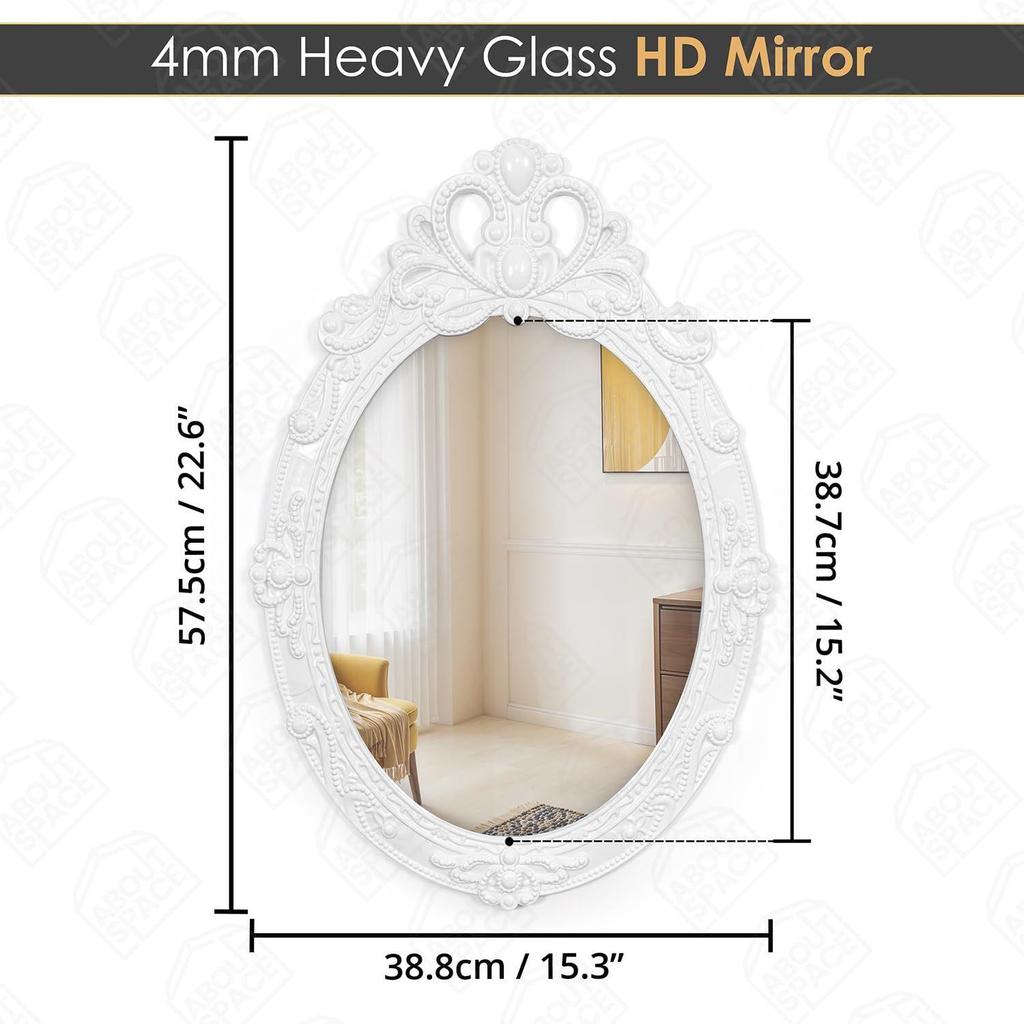 Koupelnová stěna s ozdobným designem Oválný tvar Vintage nástěnná dekorace pro koupelnu, ložnici, toaletní stolek, foyer (Bílá - V 57,5 x Š 39 cm)