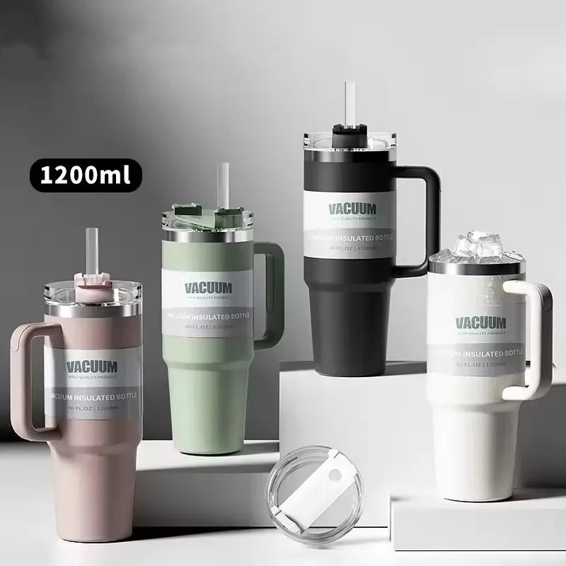 40oz 304 Paslanmaz Çelik Yalıtımlı Su Şişesi, Termal Kahve Araba Kupası, Soğuk Sıcak Kupalar Saplı Vakumlu Matara Pipet, Spor İçin